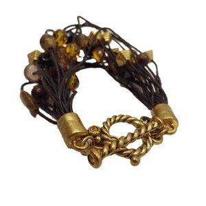 Chunky Toggle Bracelet/ 19 Beaded Strands/ Black/ Gold/ Ruby Red